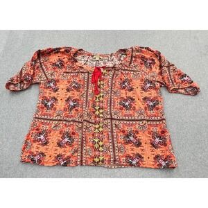 One World Shirt Womens Plus 1X Orange Colorful Paisley Light Weight Boho Gypsy